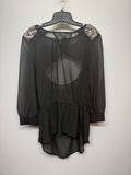 Fun & Flirty Black See Through Beaded Shoulders Open Back Shirt SIZE L
