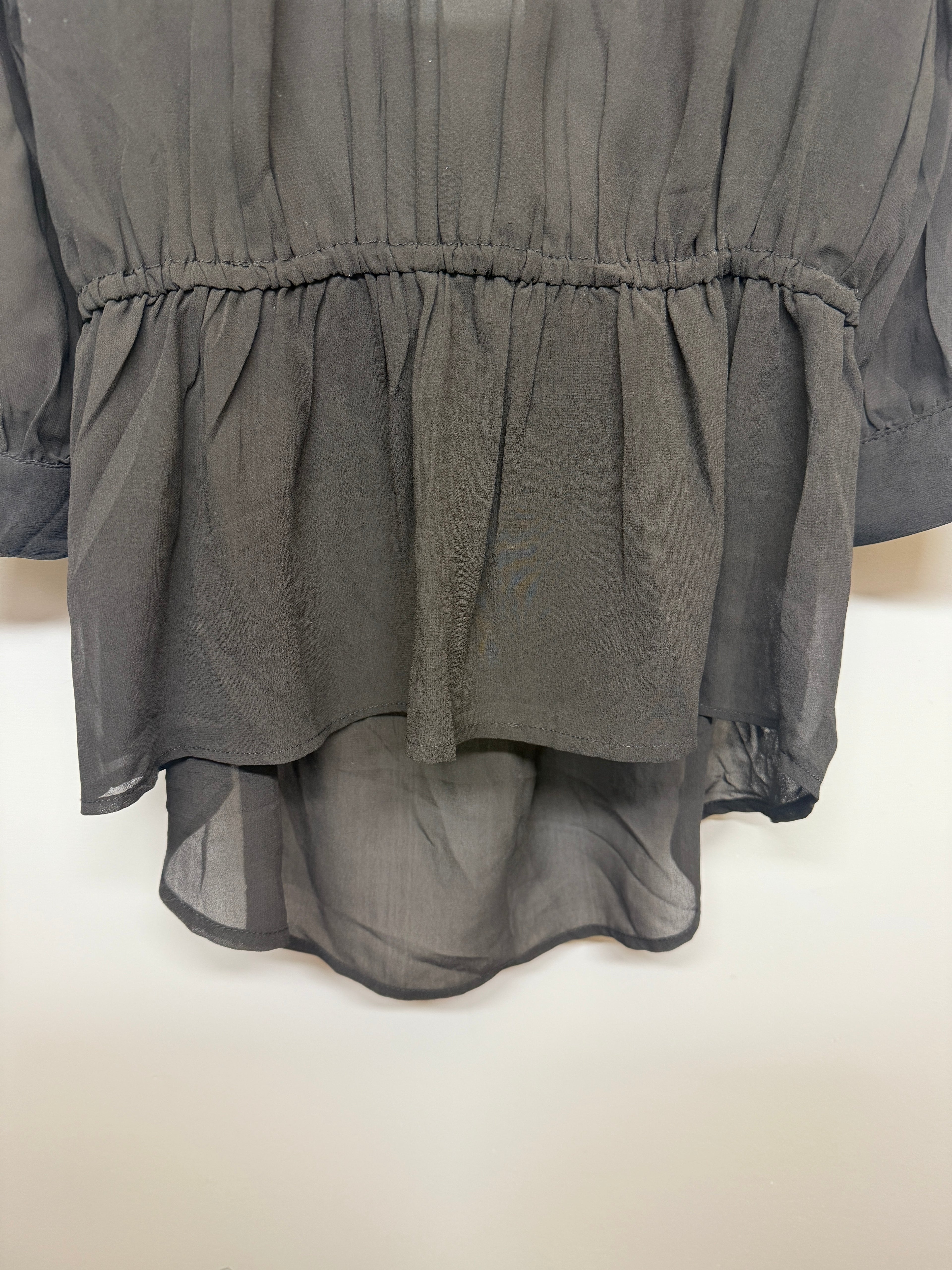 Fun & Flirty Black See Through Beaded Shoulders Open Back Shirt SIZE L