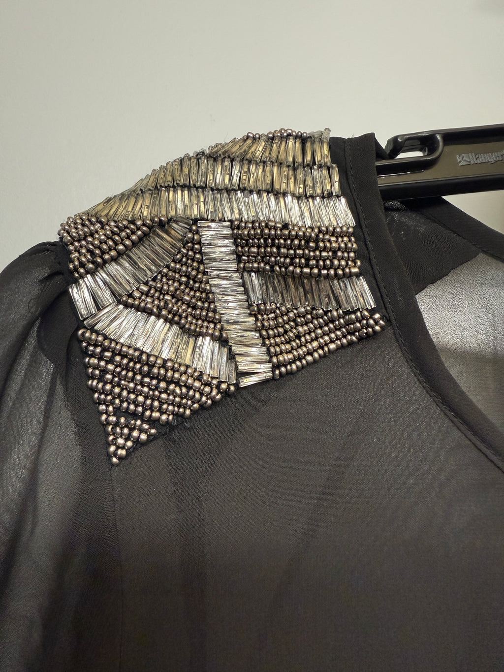 Fun & Flirty Black See Through Beaded Shoulders Open Back Shirt SIZE L